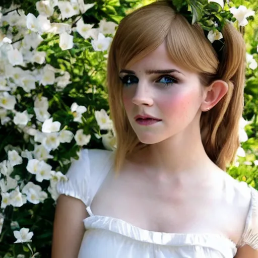 Prompt: beautiful gorgeous young elf princess cosplayed by Emma Watson blonde hair blue eyes in white dress in the garden high quality