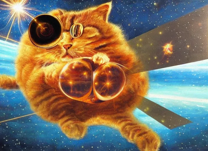 Image similar to giant cat shooting laser beams made of potato, in space, oil painting, detailed