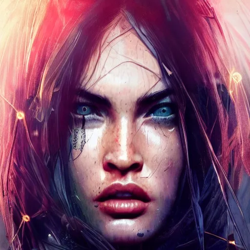 Image similar to megan fox portrait, dystopia core, apocalyptic, armor, warrior, dramatic, sharp focus, fiction, neon, fantasy, hyper detailed, digital art, trending in artstation, cinematic lighting, studio quality, smooth render, unreal engine 5 rendered, octane rendered, art style and nixeu and wlop and krenz cushart