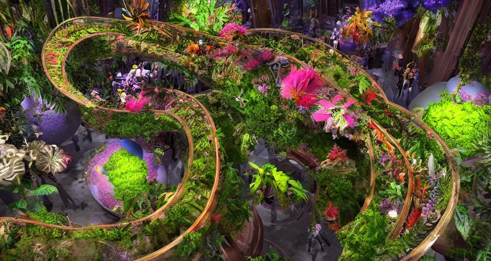 Prompt: a museum exhibition of all of the weird and wonderful plants an creatures from other planets, museum, exhibition, alien plant life, spiraling, vibrant scene, steps, flowers, beautiful, volumetric lighting, environment concept, hyper realistic, 8 k render, unreal engine 5 render