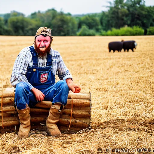 Image similar to a goofy looking redneck man, wearing overalls sitting on a haybail during a hayride holding a wrench, he is dirty and covered in grease, there are a lot of pigs in the background graising.