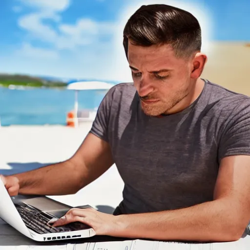 Prompt: storyboard sketch image of man working on laptop at sunny beach, perfect face, fine details