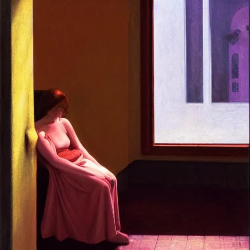 Prompt: a woman in hospital, hyperrealistic film still by edward hopper, by gottfried helnwein, by klimt, by paolo uccello, art nouveau, highly detailed, strong lights, liminal, eerie, symbolist, bright pastel colors