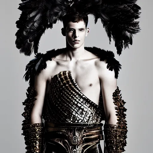 Image similar to a portrait of a beautiful young male wearing an alexander mcqueen armor made of feathers , photographed by andrew thomas huang, artistic