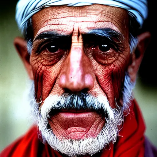 Image similar to portrait of president woodrow wilson as afghan man, green eyes and red scarf looking intently, photograph by steve mccurry