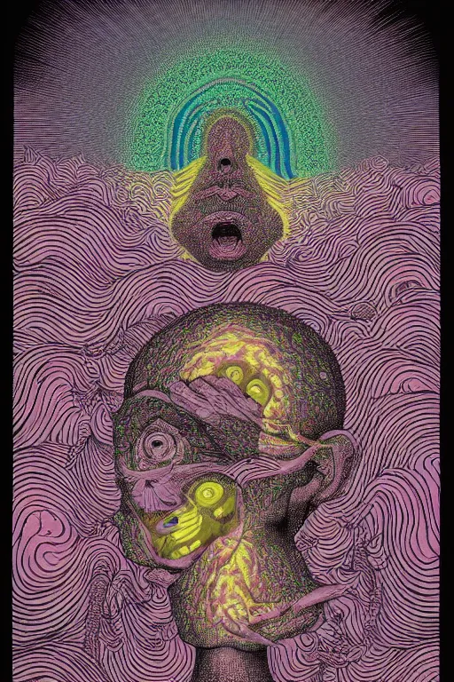 Image similar to man eats a tab of LSD acid on his tongue and dreams psychedelic hallucinations, screenprint by kawase hasui, alex grey and dan hillier, colorful flat surreal design, hd, 8k, artstation