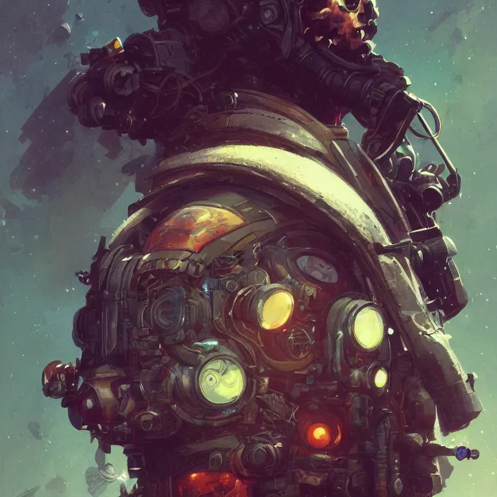 Image similar to a head and shoulders portrait of a space pirate, neon, retro, steampunk, smooth, sharp focus, intricate, artstation, detailed concept art by Greg Rutkowski and Norman Rockwell