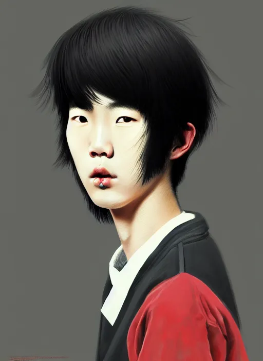 Image similar to portrait of an korean teen boy with a crooked nose and a confident expression, 1 9 6 0 s, black clothes, goth, punk, brightly coloured hair, funk, intricate, elegant, highly detailed, digital painting, artstation, concept art, smooth, sharp focus, illustration, art by wlop, mars ravelo and greg rutkowski