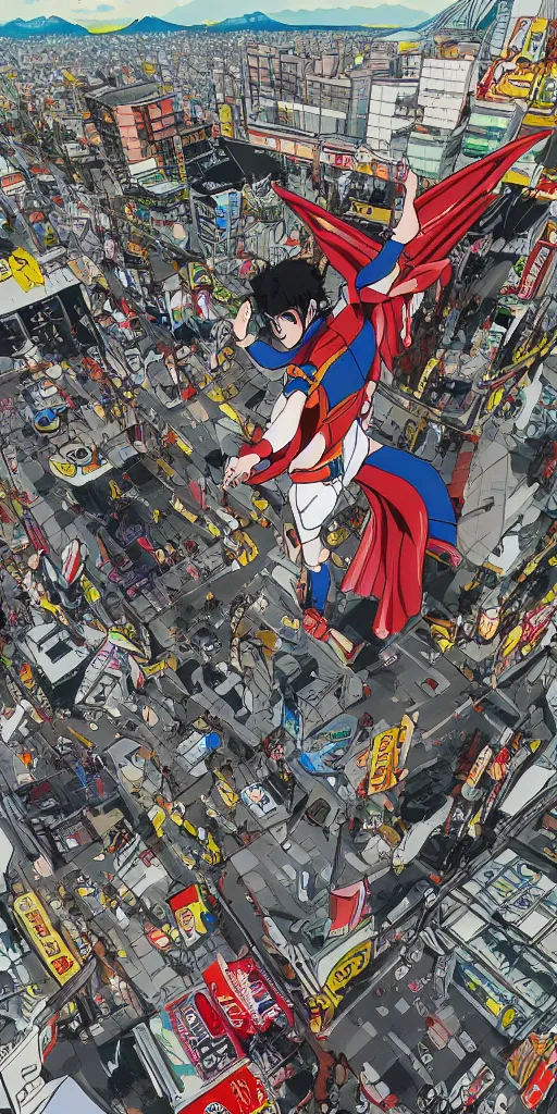 Image similar to a birds eye view focused on a man in a chariot in tokyo, drawn like the anime speed racer, full color