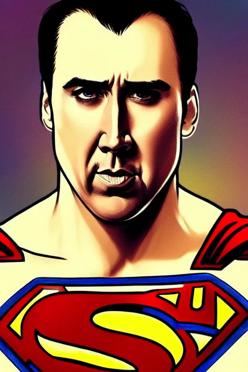 Image similar to nicholas cage as superman, in the style of art by artgerm and greg rutkowski and alphonse mucha