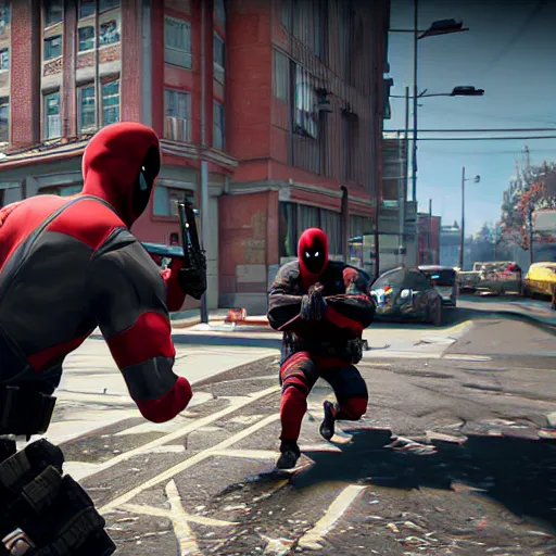 Image similar to Screenshot from the PC game Payday 2 demonstrating the Deadpool crossover