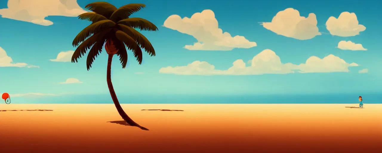 Prompt: illustration of a beach horizon with clouds and one palm tree in the style of goro fujita, sharp focus, highly detailed, artstation