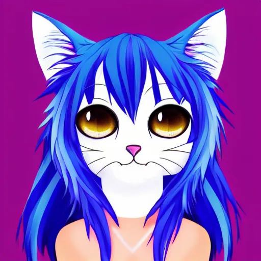 Prompt: cute anthro anime tabby cat with blue fur and purple hair, digital art