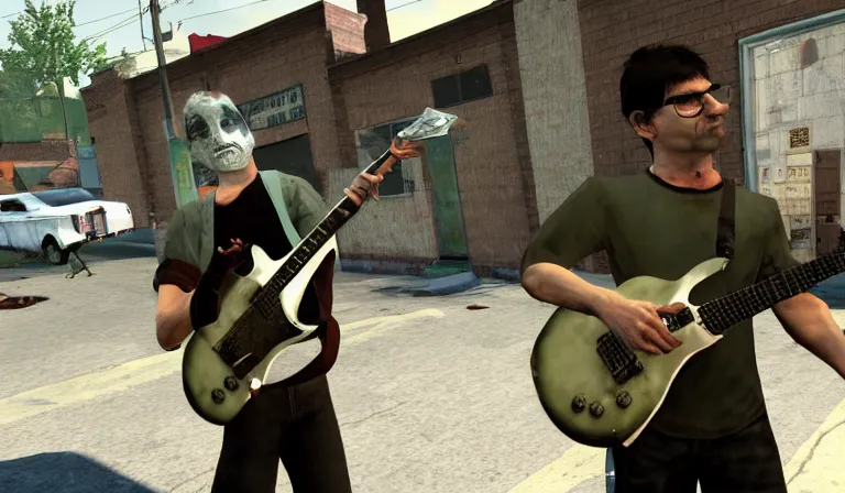 Image similar to steve albini npc carrying a guitar in left 4 dead 2, source engine, gameplay screenshot