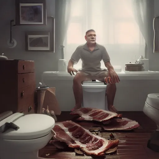 Image similar to viktor orban with detailed eyes, sitting on the toilet and eating bacon by greg rutkowski, highly detailed, octane render, 4 k, 8 k, hdr, cgsociety, amazing lightning, masterpiece