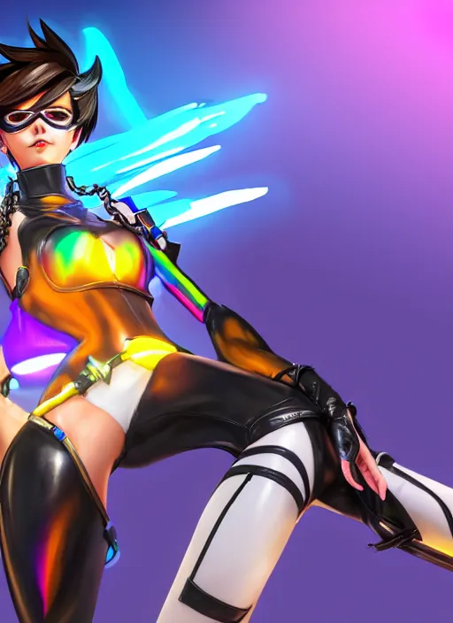 Image similar to full body digital artwork of tracer overwatch, wearing black iridescent rainbow latex bikini, 4 k, expressive happy smug expression, makeup, in style of mark arian, wearing detailed black leather collar, wearing chains, black leather harness, leather cuffs around wrists, detailed face and eyes,