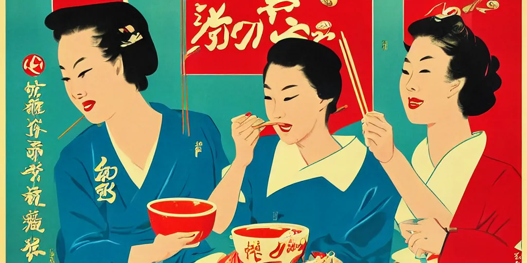 Image similar to 2 beautiful women holding chopsticks and eating a bowl of ramen, 1950s poster art