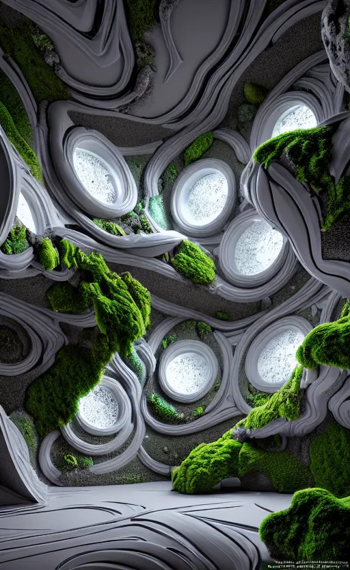 Image similar to highly detailed ultra sharp 3 d render villa interior cinematic composition of a smooth ceramic porcelain biomorphic magnolia stone nebula fluid fractal sci - fi surreal architecture landscape, granite, metallic, magnesium, marble, moss and lichen, vincent callebaut composition, mamou - mani, archviz, beautiful lighting, 8 k, unreal engine, hdr,