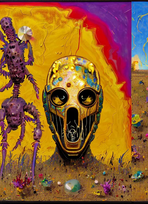 Image similar to expressionistic decollage painting golden armor alien zombie ghost rider in medical mask on a translucent bone maggot dragon broken rainbow diamond horse in a meadow with colorful mushrooms and golden foil toad blobs in a golden sunset painted by adrian ghenie, francis bacon, daniel richter and hilma af klint, pixel art, buff painting, color field painting, low effort graffiti, rich deep colors, semi naive. Mark Rothko painting, part by Philip Guston and Frank Stella art by Barnett Newman, 8k, extreme detail, intricate detail, masterpiece