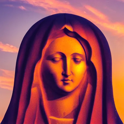 Prompt: virgin mary face statue in form of sunset clouds