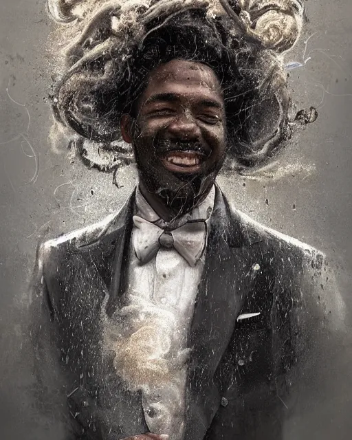 Prompt: a highly detailed portrait of black man smiling in the rain in a back tuxedo, wispy tendrils of smoke, intricate, digital painting, old english, raining, sepia, particles floating, whimsical background by marc simonetti, artwork by liam wong