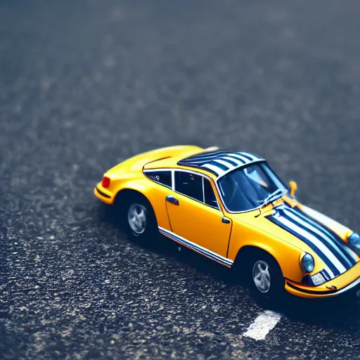 Image similar to close up photo of a small toy porsche 9 1 1 9 6 4 on a road stripe, cinematic, shallow dof, 3 5 mm, 4 k, macro