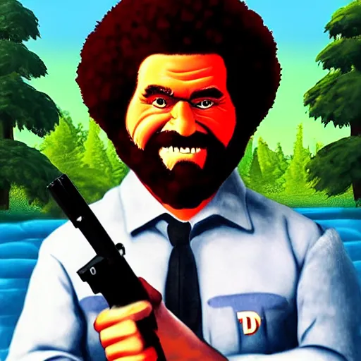 Prompt: bob ross in the style of duke nukem, full body, holding machine guns in both hands, fighting monsters