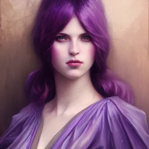 Prompt: purple, character portrait of purple, by charlie bowater, by tom bagshaw, by waterhouse, by mucha, lean face, symmetrical face, face symmetry, cinematic lighting, beautiful, elegant, oil painting, cinematic, portrait, raphaelite, trending on artstation, intricate background