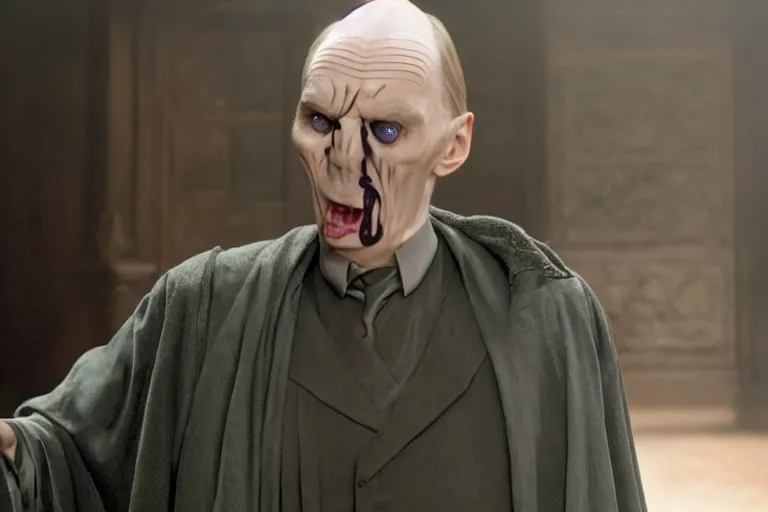 Image similar to film still of Steve Buscemi as Lord Voldemort in Harry Potter movie