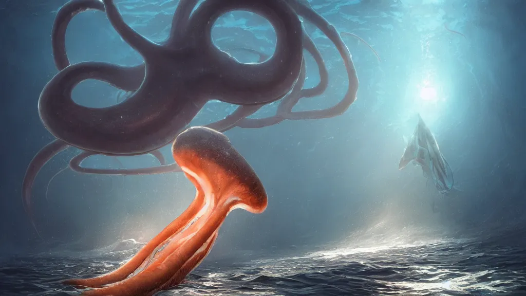 Image similar to a photorealistic hyperrealistic underwater render of a giant squid attacks a deep sea submersible with bright headlights by greg rutkowski, james paick, wlop, nicolas bouvier sparth, stephan martiniere, dramatic moody lighting, underwater caustics, volumetric, light rays, cinematic atmosphere, octane render, artstation, 8 k