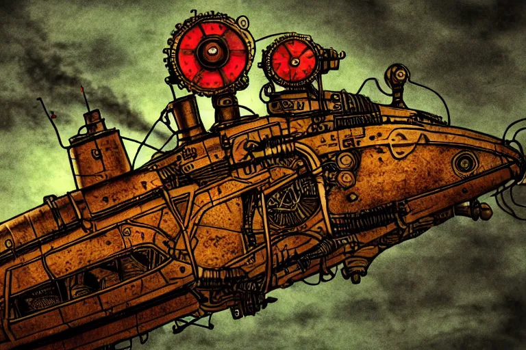 Image similar to steampunk submarine!, in the style of john avon and derek riggs and eva widermann, trending on artstation, halfrear lighting closeup view anaglyph filter, bokeh, anime, comic book art, jean henri gaston giraud