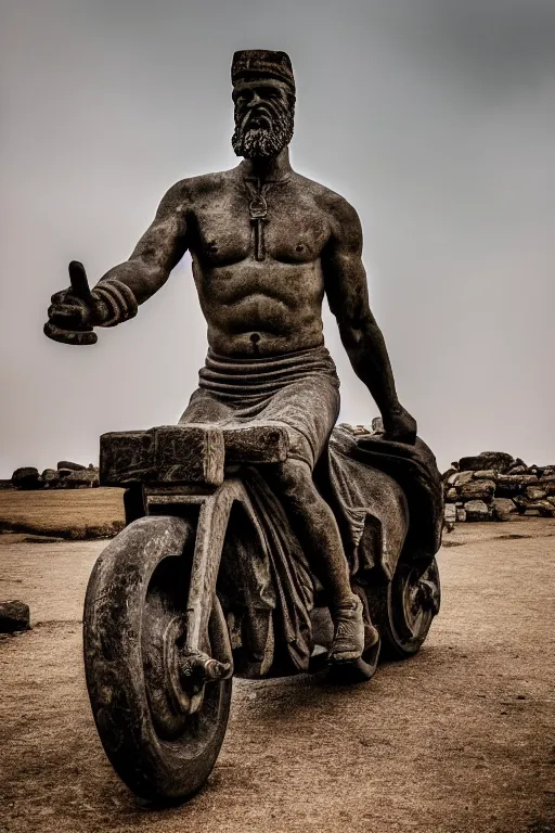 Image similar to photo of the ancient statue of biker on the ancient bike, symmetrical, cinematic, real dlsr photography, sharp focus, 4 k, ultra hd, sense of awe, archeology journal cover