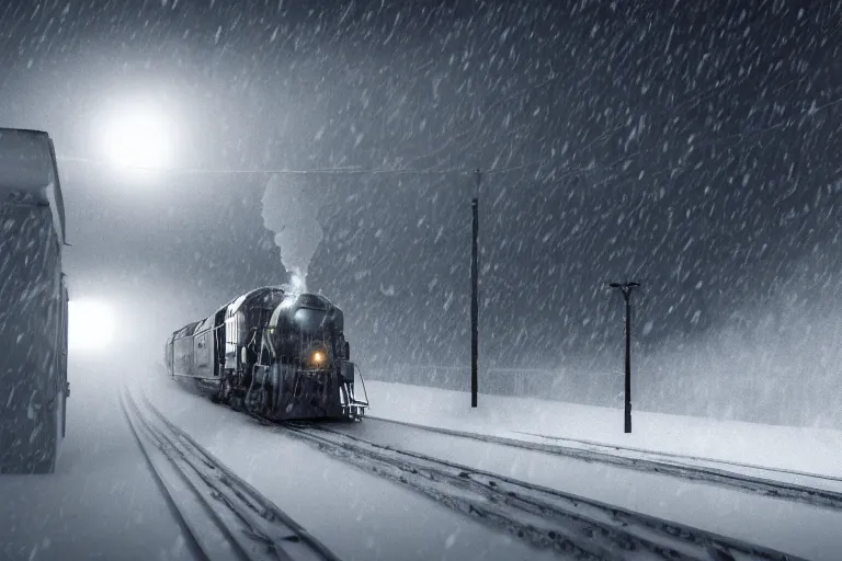 Image similar to an old locomotive rushing through snow storm in high speed, white steam on the side, dark smoke with fire from the pipes, dynamic angled shot, speed lines, fire particles and snowflakes everywhere, 8 k, hyperrealistic, ultra sharp, octane render, unreal engine, light breaks through the roofs, artstation, very detailed, 1 6 k, eerie moon eclipse cinematic scenery