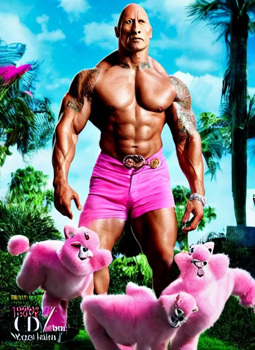 Prompt: dwayne johnson as pink panther styled by nick knight posing in an expensive mansion setting, vogue magazine, highly realistic. high resolution. highly detailed. dramatic. 8 k. 4 k.