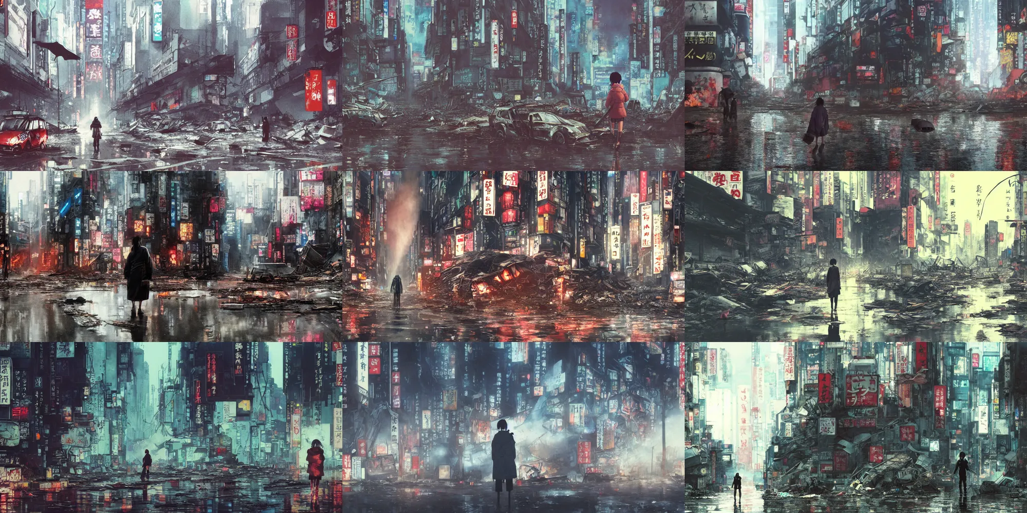 Prompt: incredible wide screenshot, ultrawide, simple water color, paper texture, katsuhiro otomo ghost in the shell movie scene, backlit shot girl in parka, wet dark road, parasol in deserted junk pile shinjuku, broke machines, bold graffiti, earthquake destruction, reflection, foggy, destroyed robots, blazing fire, burning bus inferno