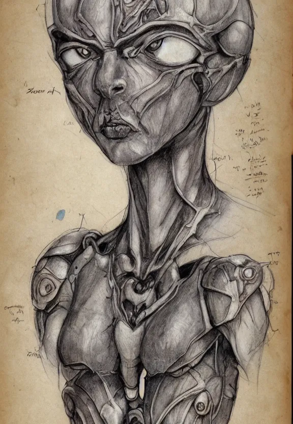 Prompt: fantasy, symmetrical human face, female humanoid creature, vascularity, plant armour, muscular, large anime eyes, realistic, torso and head, bust, diagram, sketchbook, greys anatomy book, sketches, on old distressed parchment paper, watercolour, by brian froud