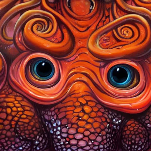 Image similar to a close up of an orange and black octopus, an airbrush painting by cyril rolando, featured on zbrush central, fantasy art, lovecraftian, zbrush, rendered in maya