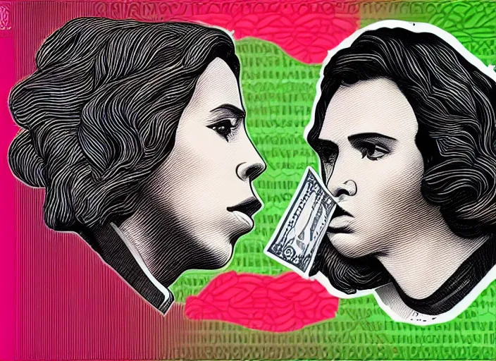 Image similar to reylo kissing dollar bill design