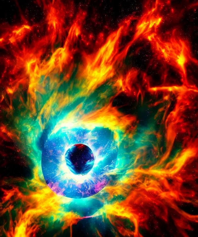 Prompt: blackhole sun, space, photorealistic, bright colors, phoenix flames, nebula clouds, soft tones