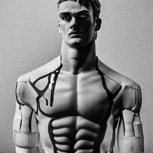 Image similar to a realistic detailed photo of a guy who is an attractive humanoid who is half robot and half humanoid, who is a male android, soccer player antoine griezmann, shiny skin, posing like a statue, blank stare, in a living room, on display, showing off his muscles