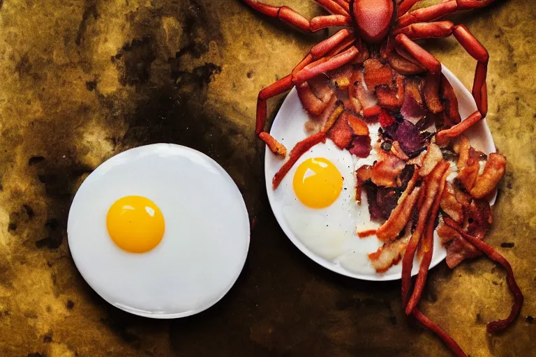 Prompt: painting of a pre - raphaelite spider - man eating fried eggs and bacon, 5 0 mm lens, f 1. 4, sharp focus, ethereal, emotionally evoking, head in focus, volumetric lighting, blur dreamy outdoor,