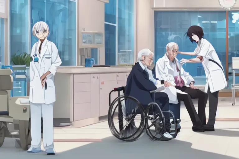 Prompt: a cute young female doctor wearing white coat are serving an old man in a wheelchair in a hospital ward, slice of life anime, cinematic, realistic, anime scenery by Makoto shinkai