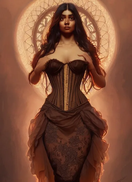 Image similar to cute brown woman wearing a transparent corset dress, fantasy, intricate, highly detailed, digital painting, artstation, concept art, wallpaper, smooth, sharp focus, illustration, art by artgerm and greg rutkowski and alphonse mucha