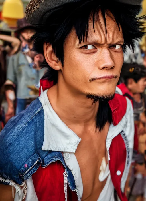 Image similar to A full portrait photo of real-life luffy one piece, f/22, 35mm, 2700K, lighting, perfect faces.