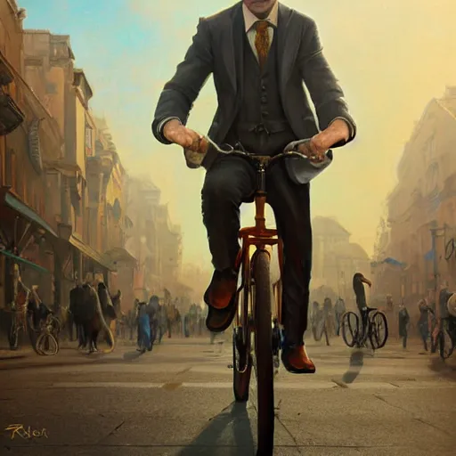 Image similar to epic portrait an man in a fedora and a suit riding a bicycle in a town, digital painting, artstation, concept art, soft light, hdri, smooth, sharp focus, illustration, fantasy, intricate, elegant, highly detailed, D&D, matte painting, in the style of Greg Rutkowski and Alphonse Mucha and artemisia, 8k, highly detailed, jurgens, rutkowski, bouguereau, pastoral, rustic, georgic, detailed concept art, illustration, colorful pastel, painting, detail, ultra detailed, digital art, 4K,