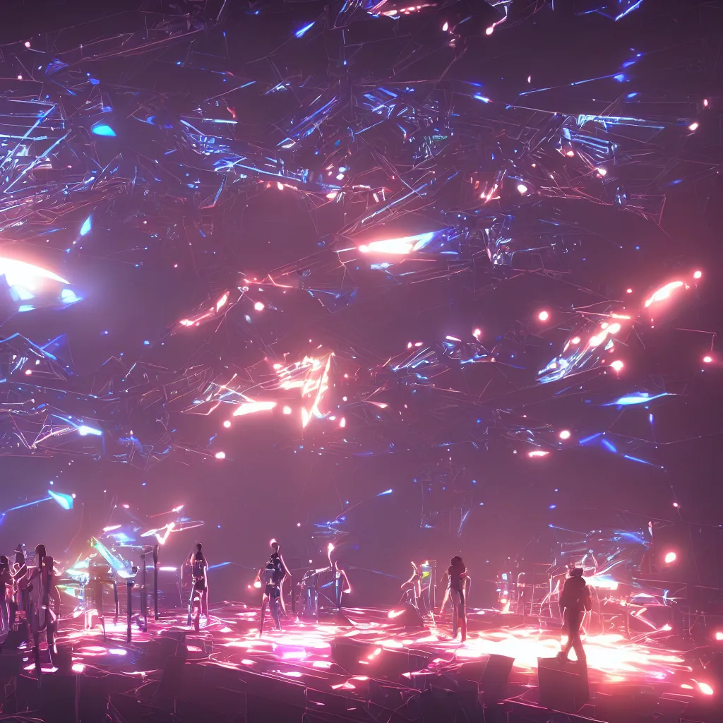 Prompt: live show of an electro band on stage with a lot of moving lights and and fantastic lighting design, concept art, unreal engine 5, highly detailed, trending on artstation