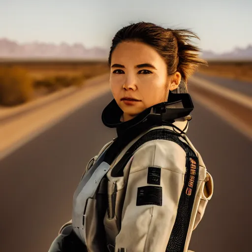 Image similar to photograph of a techwear woman, closeup, on a desert road with a futuristic city in the horizon, sigma 85mm f/1.4, 4k, depth of field, high resolution, 4k, 8k, hd, full color