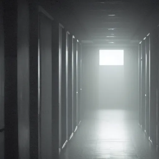 Image similar to the eerie halls of the scp foundation, unnerving mist, liminal, creatures lurking