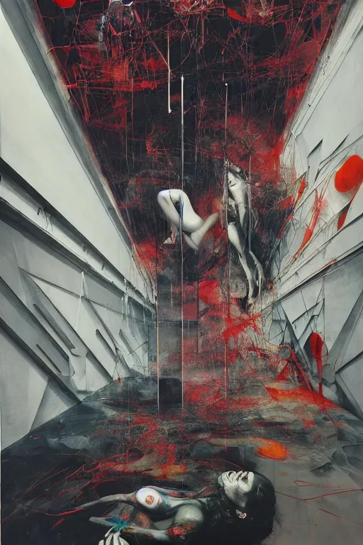 Image similar to the physical impossibility of death, in a brutalist designed space ship, hauntingly surreal, gothic, rich deep colours, painted by francis bacon, adrian ghenie, james jean and petra cortright, part by gerhard richter, part by takato yamamoto. 8 k masterpiece