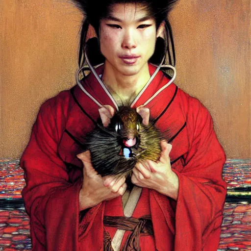 Image similar to a portrait of a male splinter ninja rodent mutant in a red kimono in the sewers. furaffinity furry art detailed face painting by gaston bussiere craig mullins jc leyendecker gustav klimt artgerm greg rutkowski furry